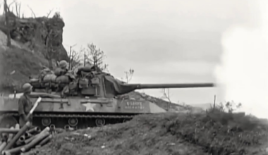 M18 Hellcat TD attacking Japanese fortified positions at Shuri on Okinawa in support of the 306th Infantry Regiment in 1945