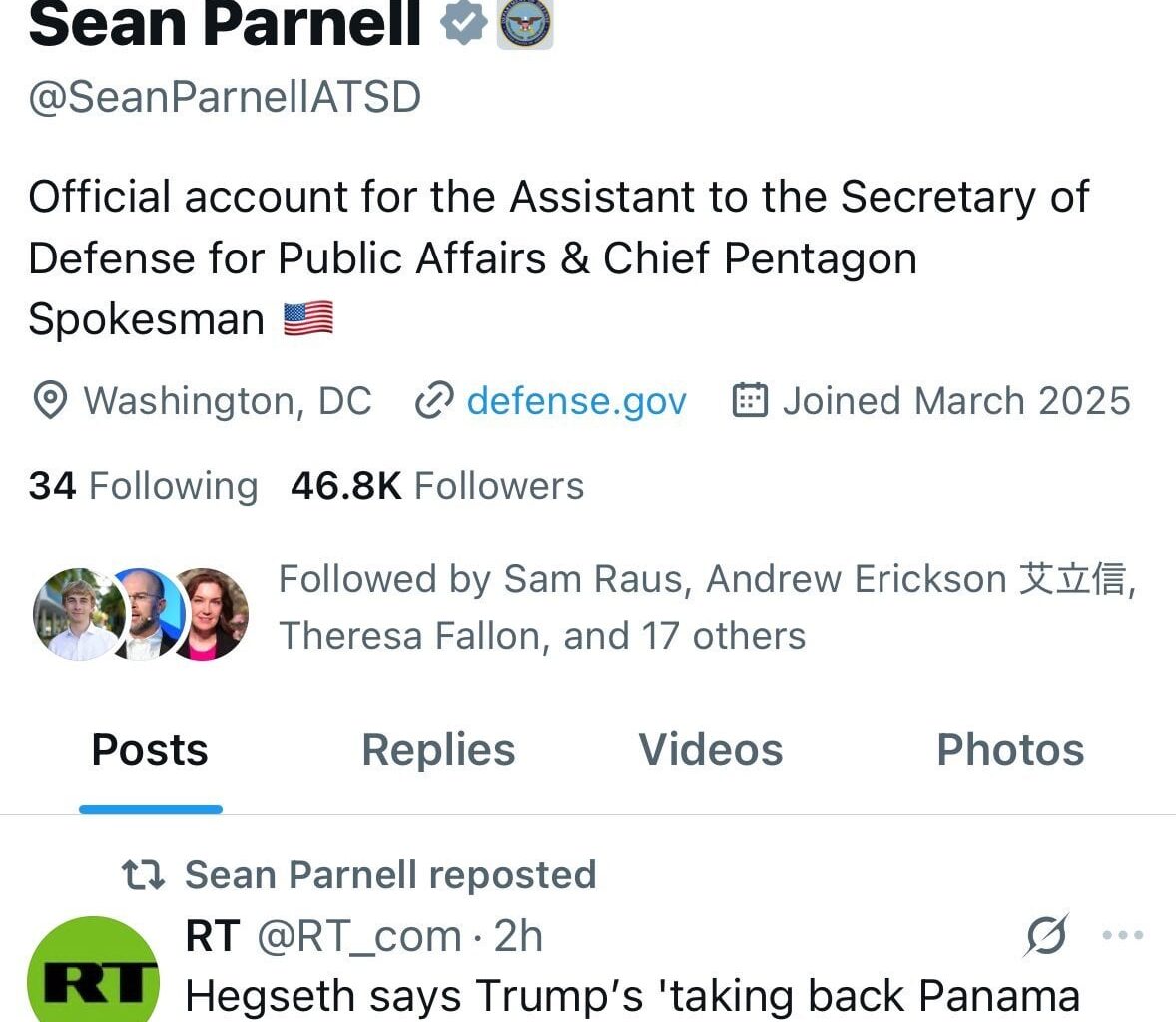 The Chief Pentagon Spokesman, Sean Parnell, just retweeted RT, the Russian state-media network and de-facto arm of the Kremlin intelligence apparatus.