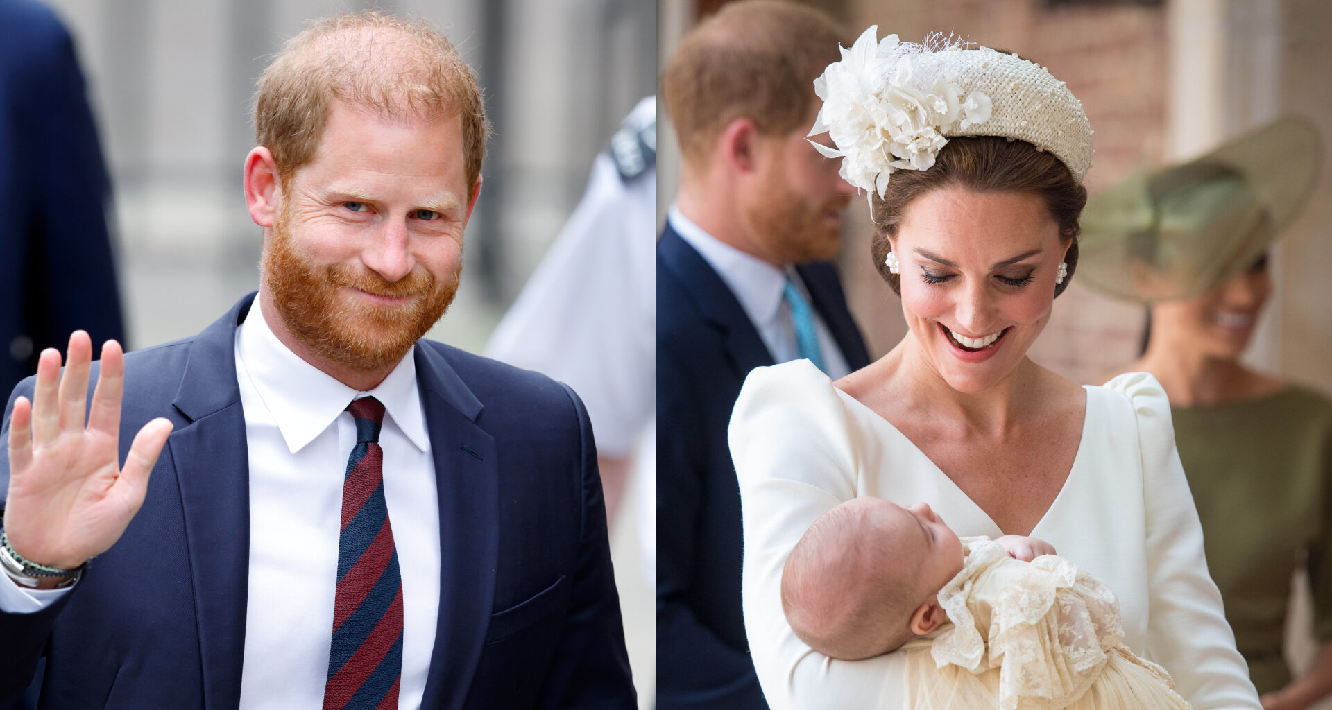 Princess Kate holding Prince Louis on his christening day next to a photo of Prince Harry wearing a blue suit and waving