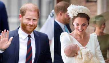 Princess Kate holding Prince Louis on his christening day next to a photo of Prince Harry wearing a blue suit and waving