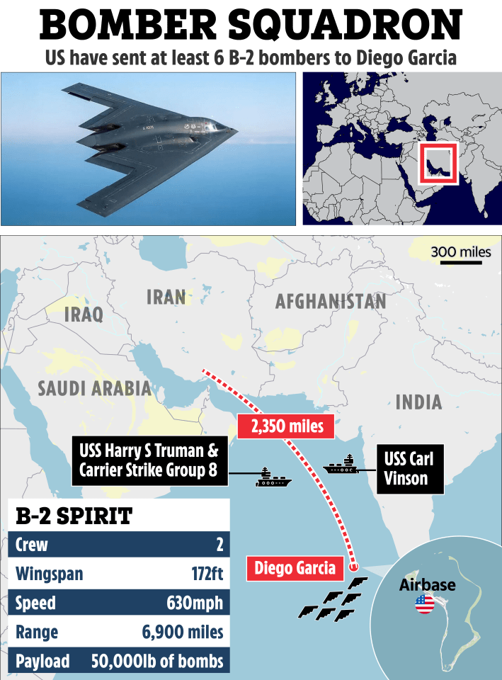Illustration of B-2 Spirit bomber deployment to Diego Garcia from the USS Harry S Truman and USS Carl Vinson.
