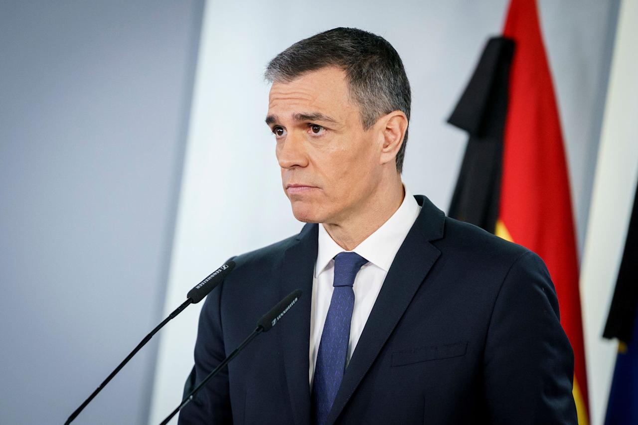 The President of the Government, Pedro Sánchez, appears at the Moncloa Palace, on April 22, 2025, in Madrid (Spain). The Prime Minister announced the increase in defense spending committed to NATO to reach 2% of GDP. Sánchez has confirmed that he will reach that level of spending this year, going from the current 1.4% to 2% with an additional expenditure of 10,471 million euros. The Council of Ministers has approved the plan to strengthen the security and defense industry announced a few weeks ago and this Wednesday, April 23, it will be sent to the European Union and NATO. APRIL 22;2025 A. Pé