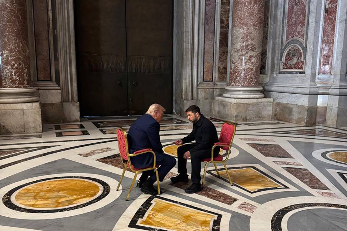 In this photo provided by the Ukrainian Presidential Press Office, Ukraine's President Volodymyr Zelensky, right, and President Donald Trump talk as they attend the funeral of Pope Francis in Vatican on April 26.