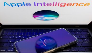 The Apple Siri and Apple Intelligence are being displayed on a smartphone screen and in the background.