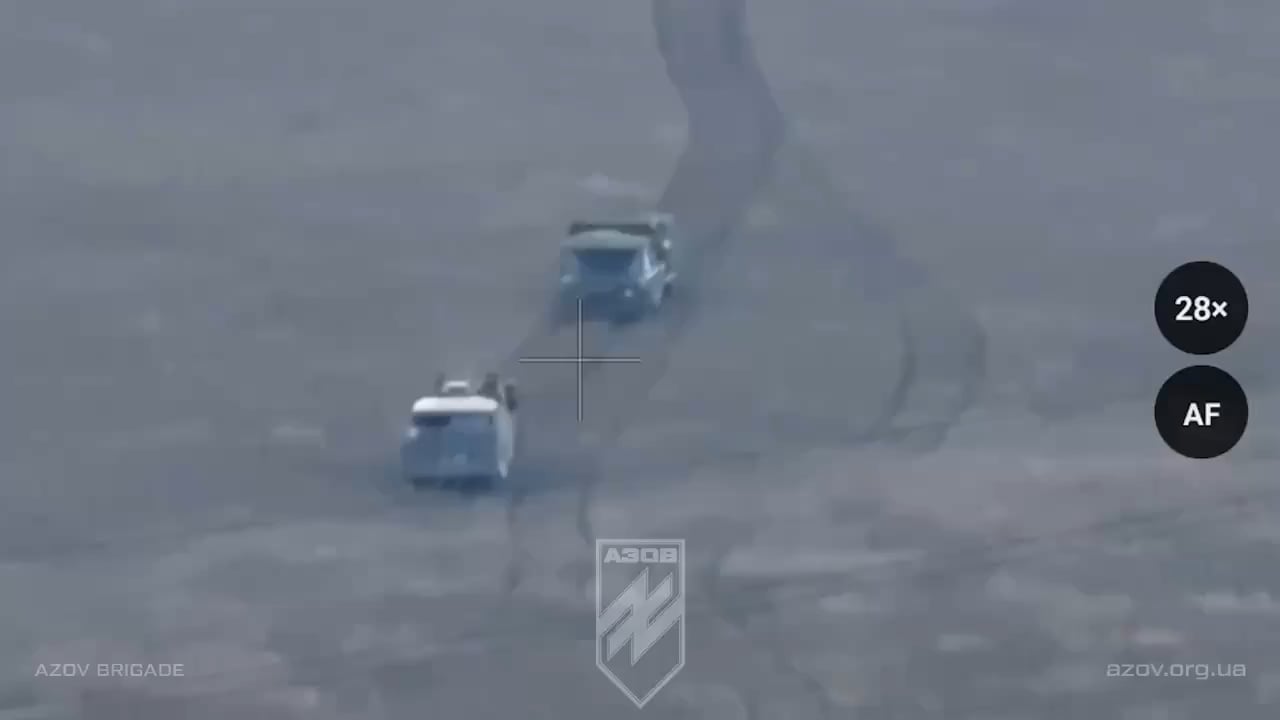 Drone footage of a Russian assault on the positions of the "Azov" brigade in Toretsk. The Russian soldiers tried to advance using mostly civilian vehicles like UAZ Buchankas and Lada Nivas, but also UAZ-469 offroad vehicles.