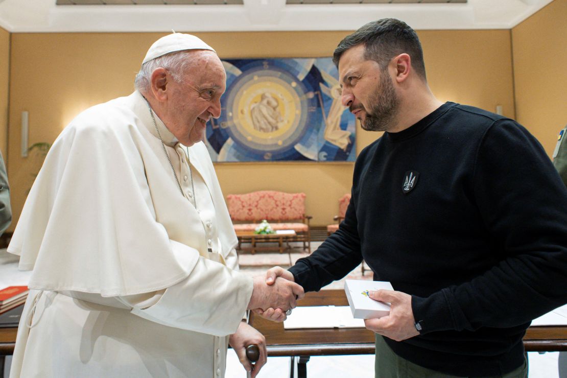 Pope Francis shakes hands with  Zelensky at the Vatican on Saturday.