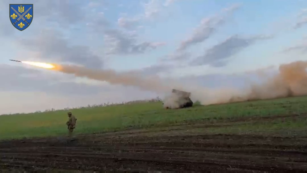 Ukrainian 155th Mechanized Brigade targeted Russian positions with BM-21 Grad MLRS fire. Pokrovsk direction. April 2025
