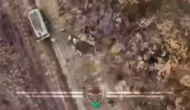 A Russian Bukhanka van dismounts troops who are immediately hit by Ukrainian drone dropped munitions (Unknown date)