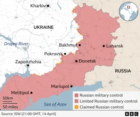 Map showing areas of eastern Ukraine under Russian control