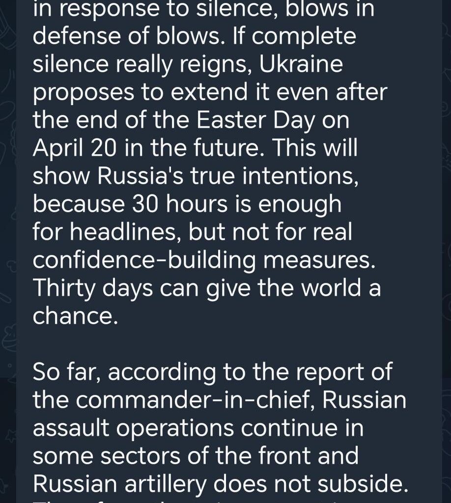 Volodymyr Zelenskyy:"If Russia is suddenly ready to really join the format of complete and unconditional silence, Ukraine will act in a mirror manner, as it will be from the Russian side: silence in response to silence, blows in response to blows."