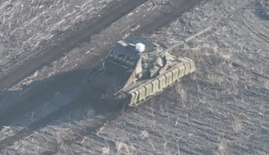 Ukrainian Marines "Madyar's Birds" "WB" team blew up a Russian tank using an FPV drone, recorded with good video quality. Apr. 10, 2025