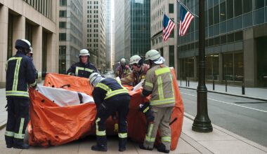 Vor Öffnung der US-Börsen: Feuerwehr spannt Sprungtücher vor Wall-Street-Hochhäusern auf