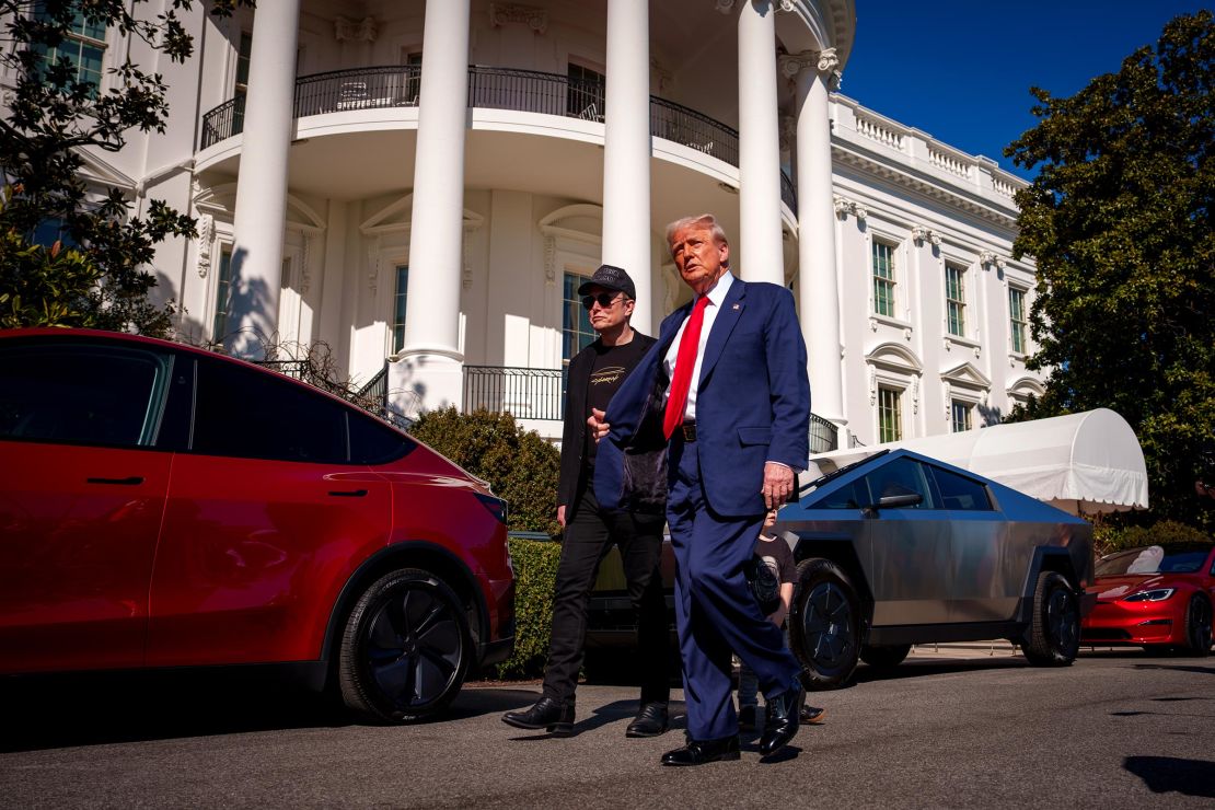 President Donald Trump and Elon Musk depart after looking at Tesla vehicles on the South Lawn of the White House on March 11, in Washington, DC.