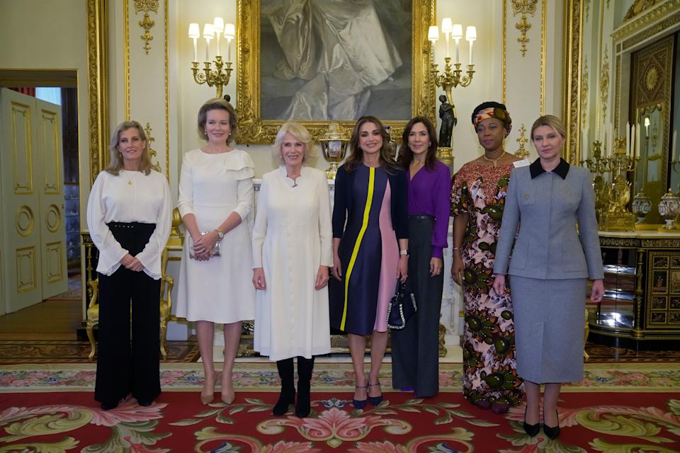 Duchess Sophie, Queen Mathilde, Queen Camilla, Queen Rania, Queen Mary and the first lady of Sierra Leone Fatima Maada Bio, and the first lady of Ukraine Olena Zelenska at Buckingham Palace