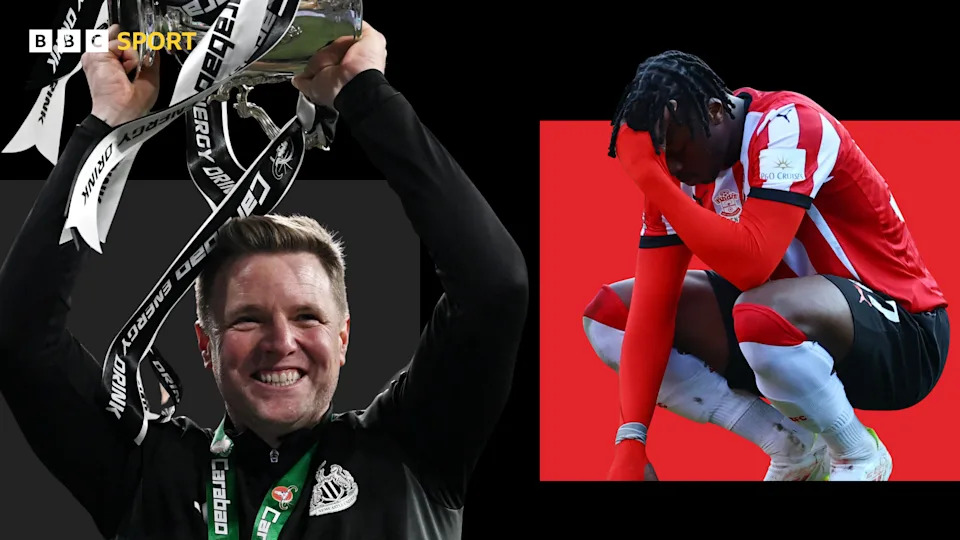 Newcastle manager Eddie Howe with the EFL Cup, and Southampton defender Armel Bella-Kotchap looks dejected