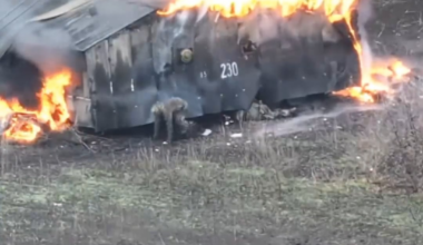 Ukrainian drones set fire to a Russian transport vehicle armored with wooden logs and metal sheets and equipped with anti-drone jammers, then chased its crew.