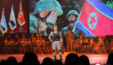 This image, published by the Korean Central News Agency on April 26, 2024, shows a performance marking the 92nd founding anniversary of the People's Revolutionary Army. [YONHAP]