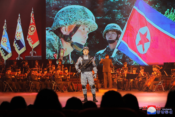 This image, published by the Korean Central News Agency on April 26, 2024, shows a performance marking the 92nd founding anniversary of the People's Revolutionary Army. [YONHAP]