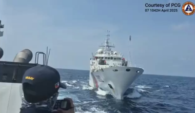 A China Coast Guard cutter tries to ram the smaller Philippine Coast Guard cutter as the PCG ship tries to shoo away the CCG ship, as its intruding the waters off the main island of Luzon.