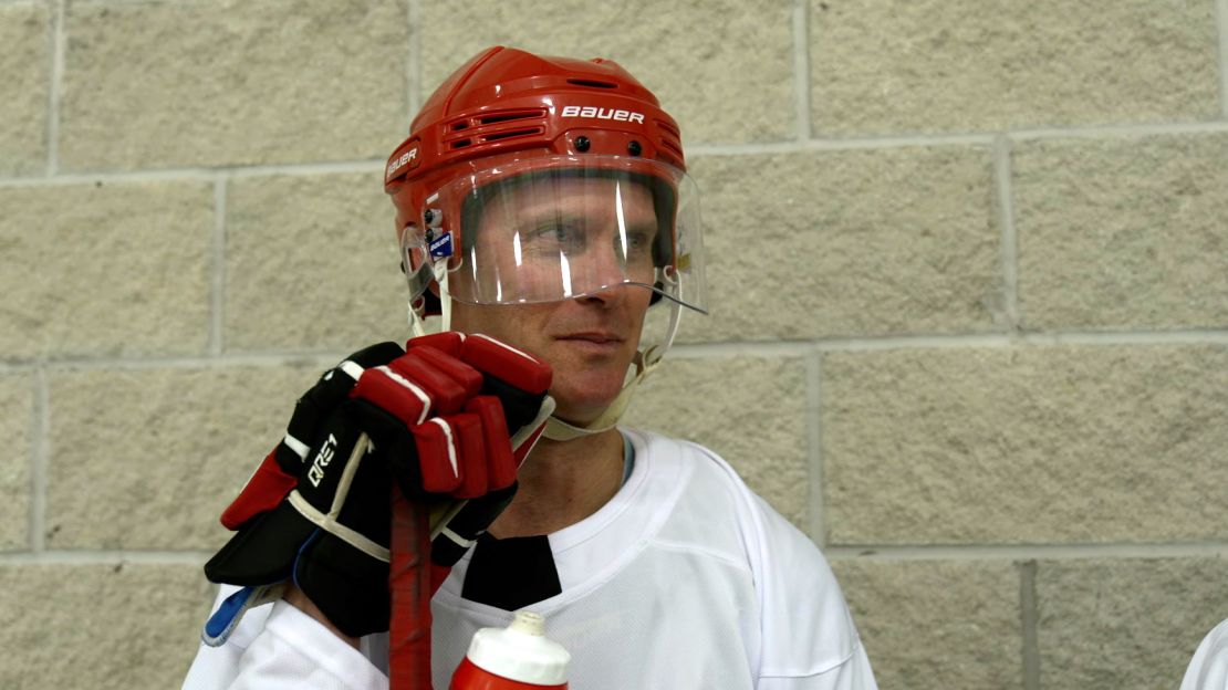 Toby Gorman attends a hockey practice with the Canadian Beer League in Courtice, Ontario.