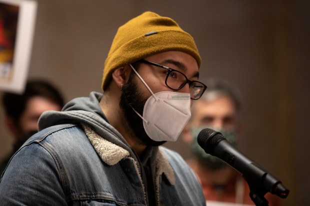 Oscar Sanchez speaks during a press conference denouncing General Iron's proposed move from the North to the South Side of the city Wednesday, Feb. 16, 2022, at City Hall. (Erin Hooley/Chicago Tribune)