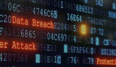 An abstract design of a terminal display, warning about a cyber attack. Multiple rows of hexadecimal code are interrupted by red glowing warnings and single character exclamation marks. The image can represent a variety of threats in the digital world: data theft, data leak, security breach, intrusion, anti-virus failure, etc…