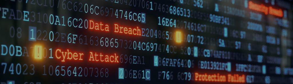 An abstract design of a terminal display, warning about a cyber attack. Multiple rows of hexadecimal code are interrupted by red glowing warnings and single character exclamation marks. The image can represent a variety of threats in the digital world: data theft, data leak, security breach, intrusion, anti-virus failure, etc…