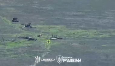 A drone of the Rubizh brigade spotted a Russian piling up TM-62 mines next to a destroyed tank and decided to destroy the pile.