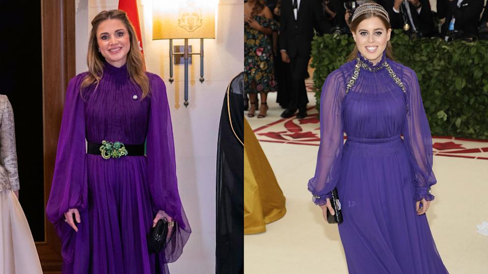 Princess Beatrice and Queen Rania both wearing long sleeve sheer purple gowns