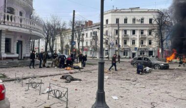 Aftermath of Russian ballistic missile attack on Sumy city. Reported about 31 people died and more than 80 are injured