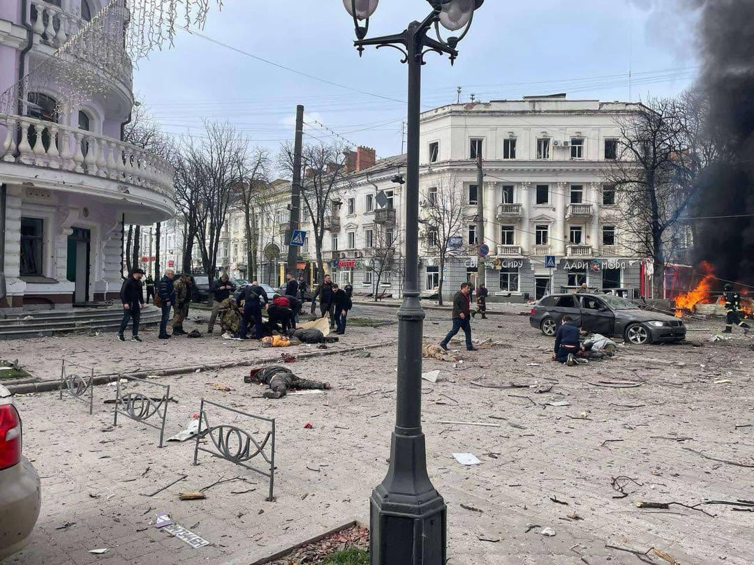 Aftermath of Russian ballistic missile attack on Sumy city. Reported about 31 people died and more than 80 are injured
