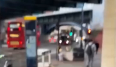 Bus driver pretends to let a man on the bus who is blocking the road. He closes the door and drives off. Superb work.