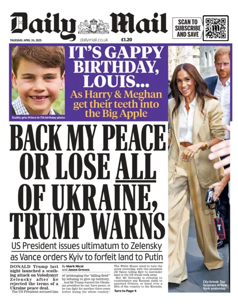 "Back my peace or lose all of Ukraine, Trump warns" reads the headline on the front page of the Daily Mail. 