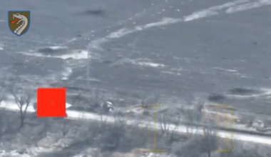 Drone footage of a Russian BMP transporting soldiers and equipment driving over a Ukrainian anti-tank mine. Kursk Oblast.
