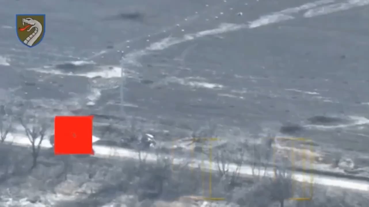 Drone footage of a Russian BMP transporting soldiers and equipment driving over a Ukrainian anti-tank mine. Kursk Oblast.