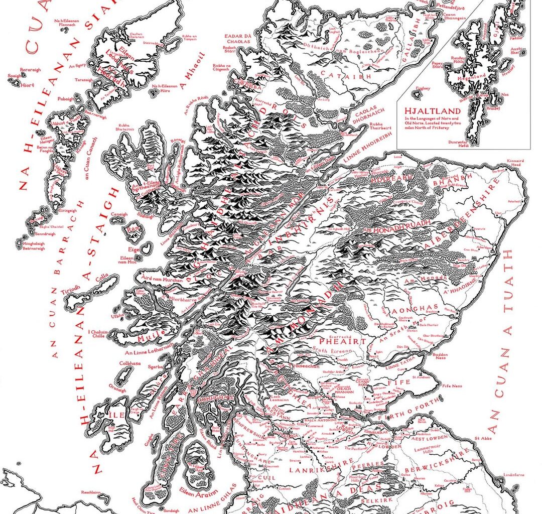 1400's Scotland in Gàidhlig, Scots and Norn/Norse, hand drawn by me in Tolkien's style
