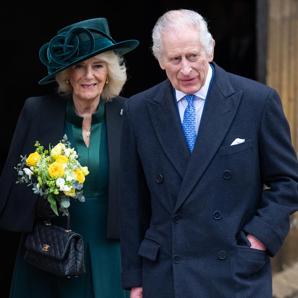  King Charles III and Queen Camilla attend the Easter Service at Windsor Castle on March 31, 2024 in Windsor, England. . 