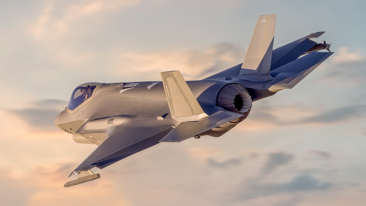 5th Generation F-35 Fighter jet airplane flying missiles on a combat mission. Modern fighter jets and Airforce pilots on deployment for air defence.