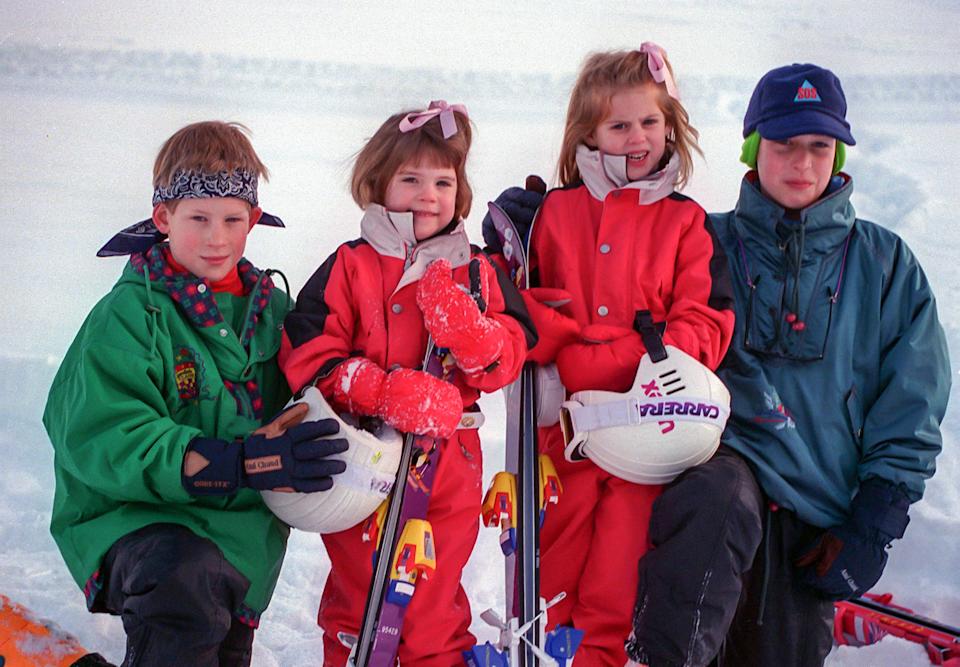 Prince Harry, Princess Eugenie, Princess Beatrice, and Prince William in Klosters, Switzerland on January 4, 1995