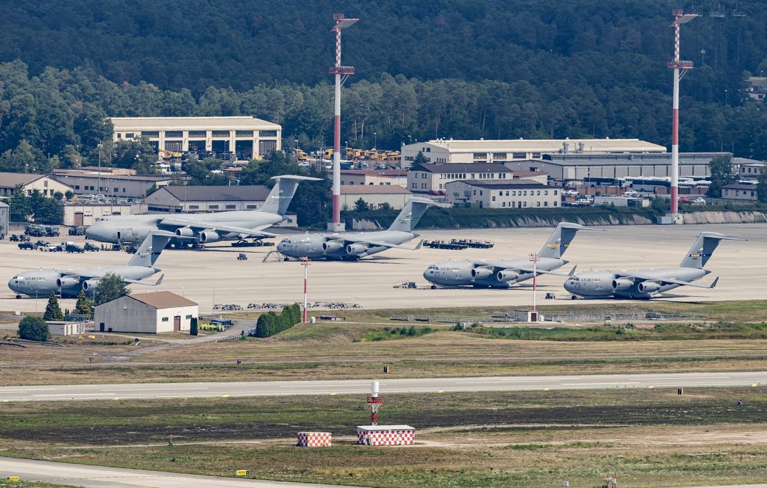 A military plane of the United States Air Force is seen above at the Ramstein air base on July 20, 2020 in Ramstein-Miesenbach, Germany.