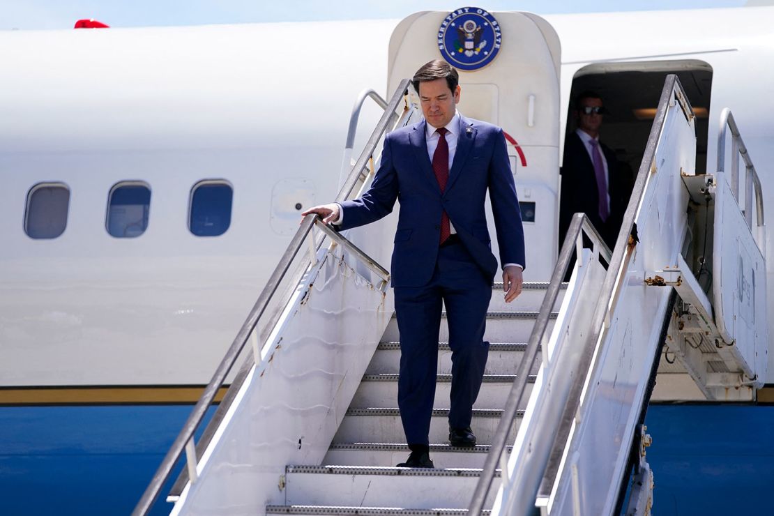 US Secretary of State Marco Rubio disembarks a plane as he arrives at Norman Manley International Airport in Port Royal, Jamaica, on March 26, 2025.