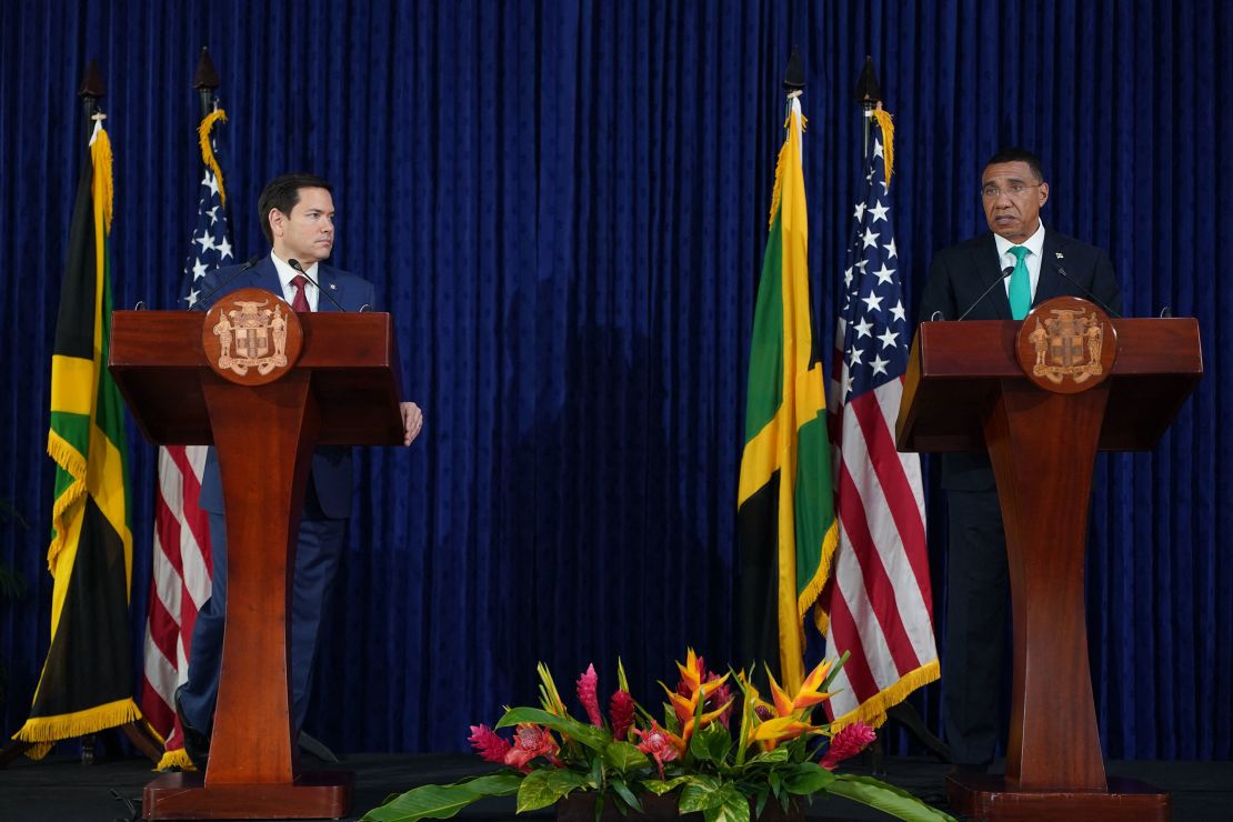 Rubio and Jamaican Prime Minister Andrew Holness hold a joint press conference in Kingston, Jamaica, on Wednesday.
