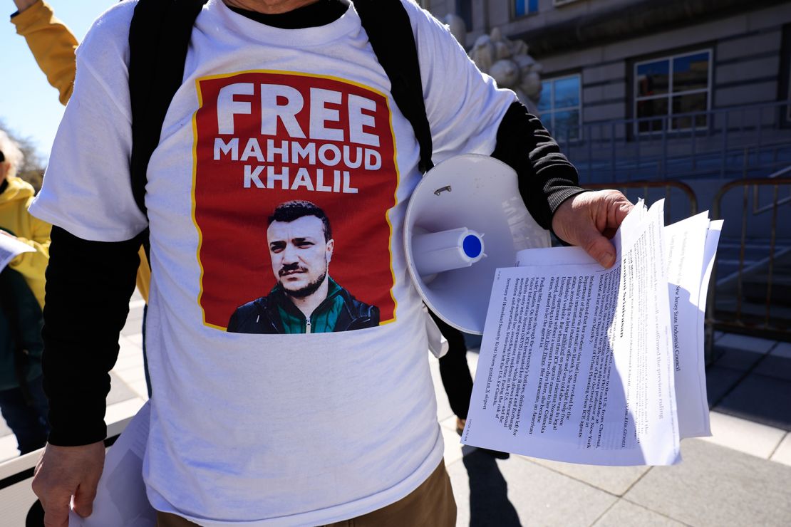 People take part in a protest against the arrest and detention of Mahmoud Khalil outside the Newark courthouse on March 27, 2025 in Newark, New Jersey.