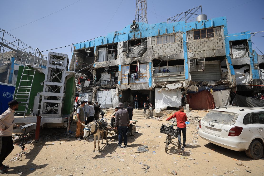 An exterior view of destroyed building after an Israeli strike hit a United Nations Relief and Works Agency for Palestine Refugees (UNWRA) clinic in Jabaliya Refugee Camp in Gaza City, Gaza on Wednesday.
