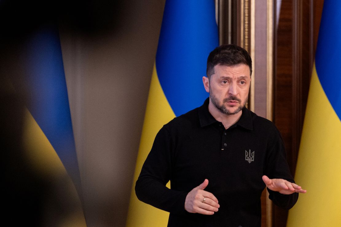 Ukraine's President Volodymyr Zelensky speaks at a news conference in Kyiv on April 17, 2025.