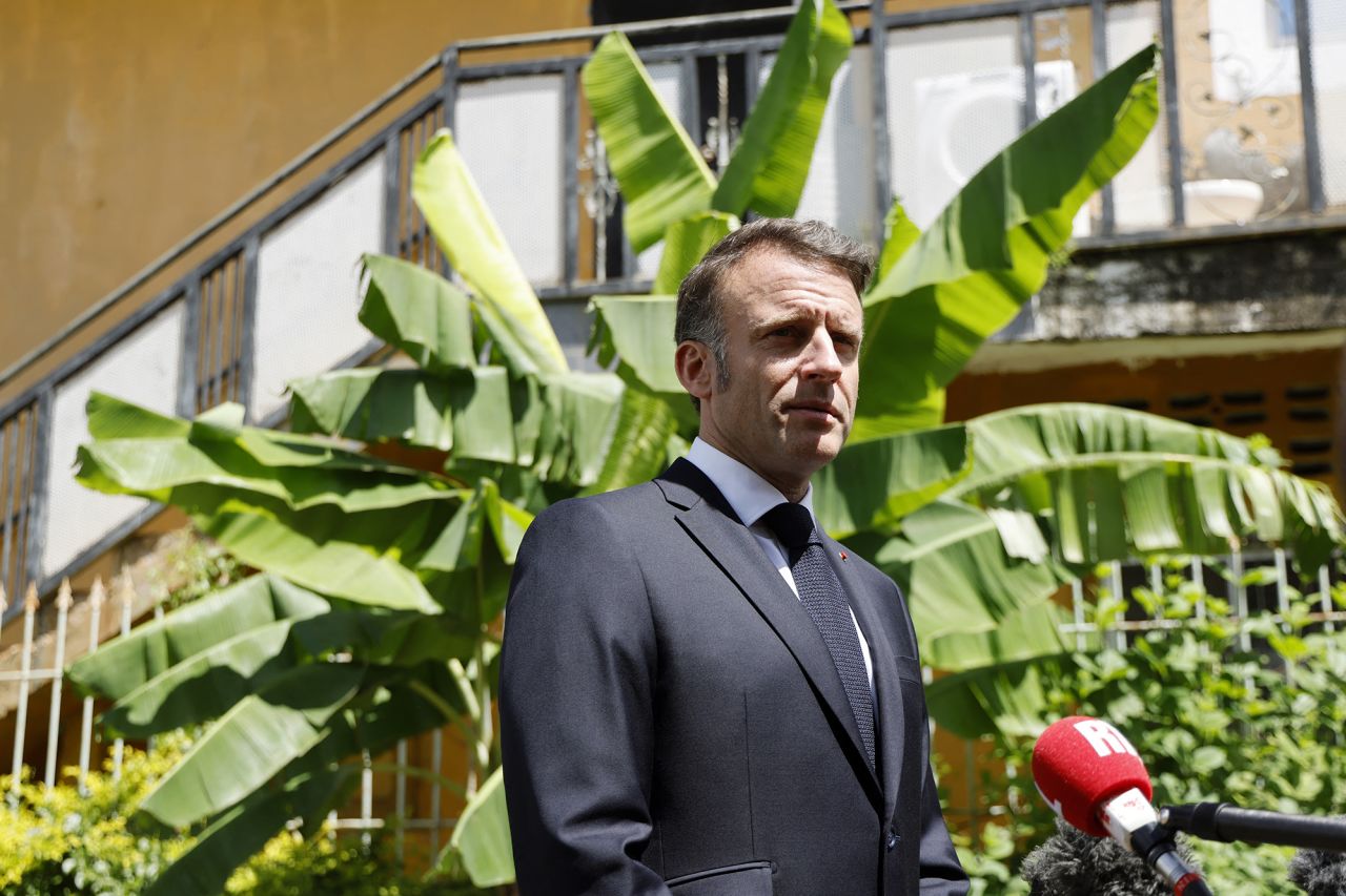 France's President Emmanuel Macron gives a statement following the death of pope Francis during a visit on the cyclone-hit French overseas territory of Mayotte, at the City Hall of Tsingoni today.
