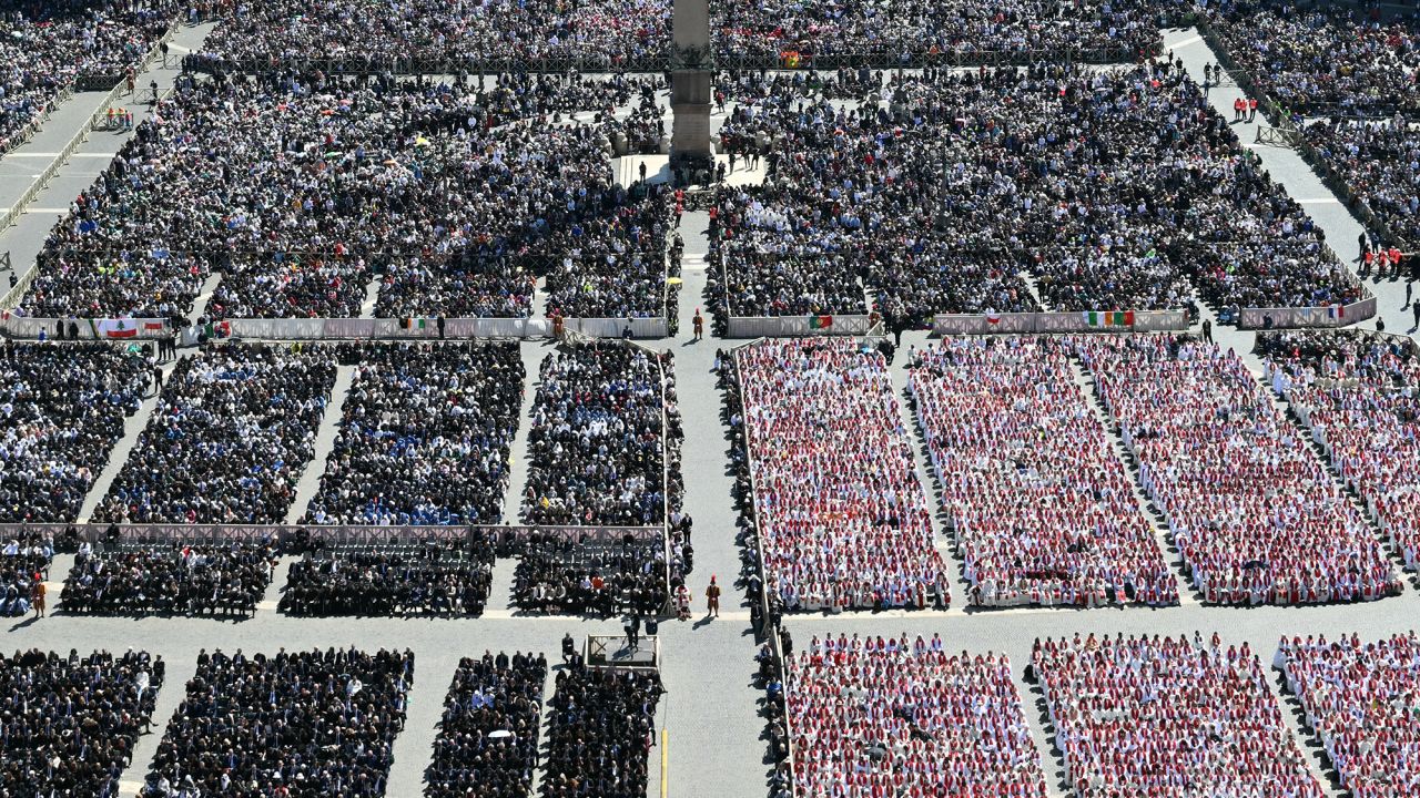 A photograph taken from St Peter Basilica shows a general view of St Peter's Square during the funeral of late Pope Francis.
