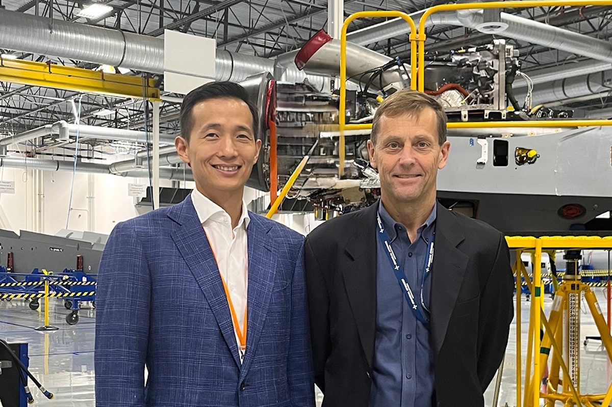 (From left) Dong Kwan Kim, vice chairman of Hanwha Group, and Linden Blue, CEO of General Atomics Aeronautical Systems, Inc.