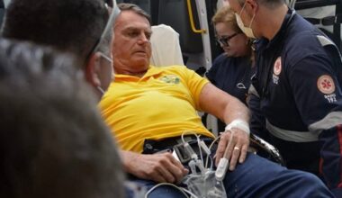 Former Brazilian president Jair Bolsonaro arrives by ambulance at the Rio Grande Hospital in Natal, Rio Grande do Norte state, Brazil on April 11