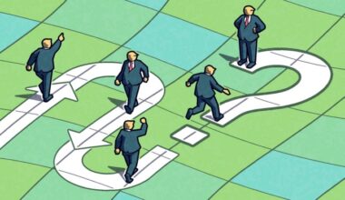 Men in suits make gestures as they wander through a maze in the shape of a question mark